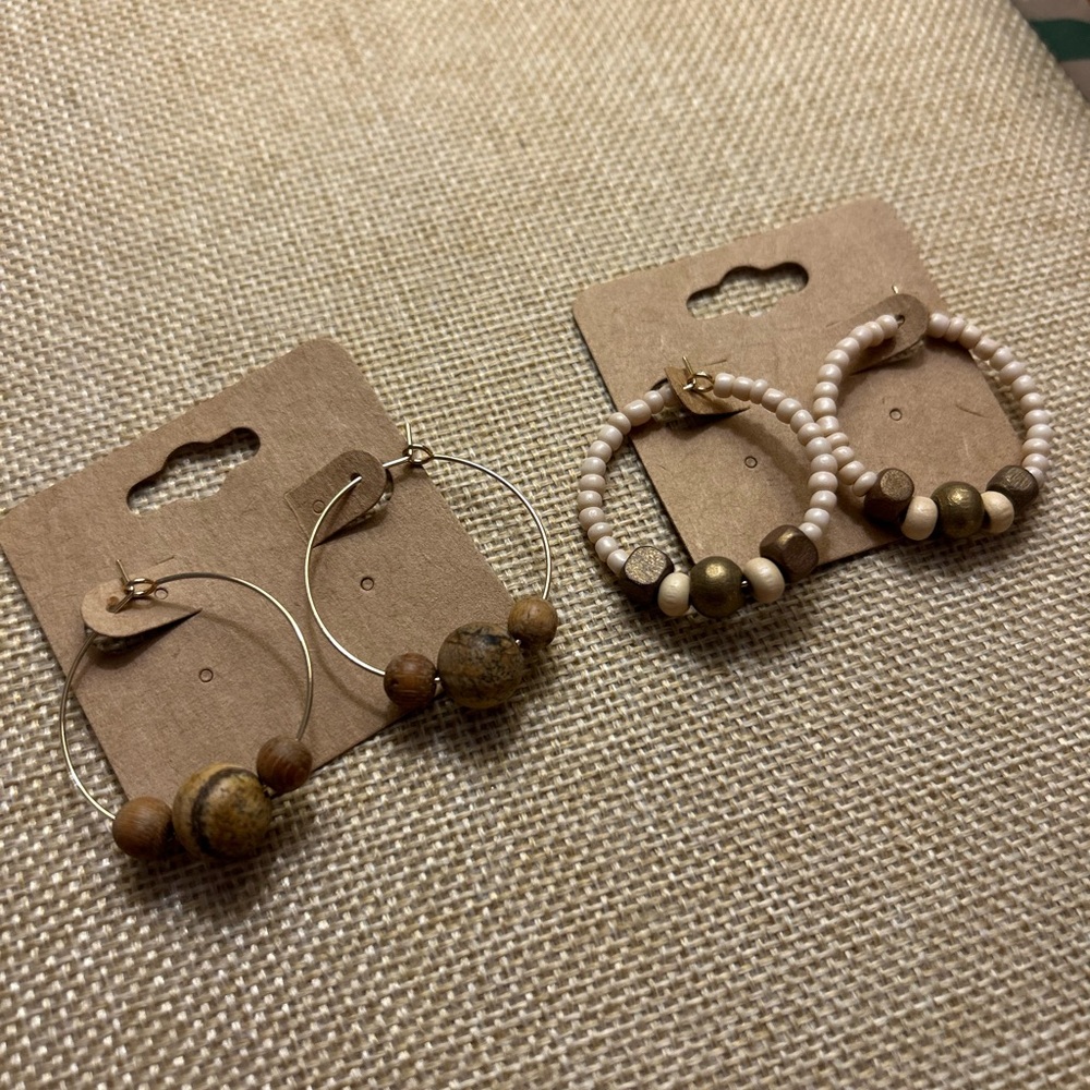 Elegant Brown and Cream Beaded Hoop Earrings